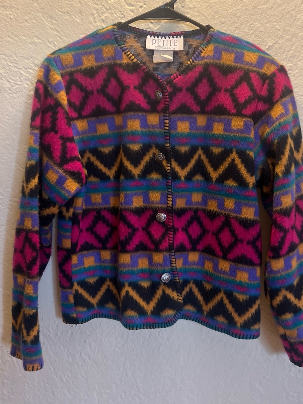 Vintage Petite Multicolor Geometric Button-Up Cardigan